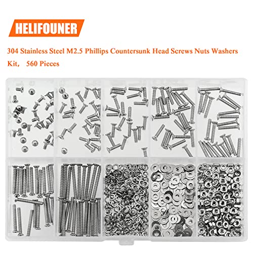 HELIFOUNER 560 Pieces M2.5 x 4mm /6mm /8mm /10mm /12mm /16mm /20mm, Phillips Countersunk Head Machine Screws, Metric Screws Bolts Washers Nuts Kit, 304 Stainless Steel - size: M2.5, style: Phillips Countersunk Head