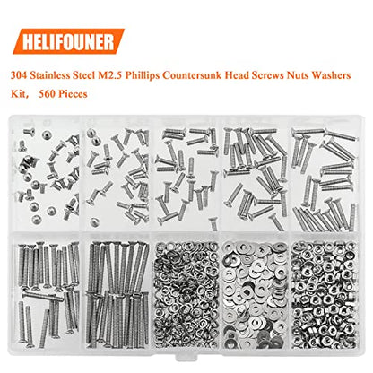 HELIFOUNER 560 Pieces M2.5 x 4mm /6mm /8mm /10mm /12mm /16mm /20mm, Phillips Countersunk Head Machine Screws, Metric Screws Bolts Washers Nuts Kit, 304 Stainless Steel - size: M2.5, style: Phillips Countersunk Head