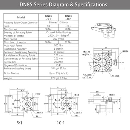 Hollow Rotary Actuator High Accuracy Hollow Rotating Platform Rotary Positioners, Fitting Nema 23 Stepper Motor, Substitutable for Direct Drive Motor and Cam Indexer - size: DN 85, style: Ratio 10:1