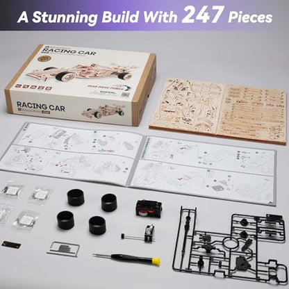ROBOTIME 3D Puzzles for Adults, 1:18 Scale Wooden Formula Racing Car LK505, Wood Mechanical Model Car Kits to Build, Cool Crafts for Teens & Adults Project Kits Model Building Set