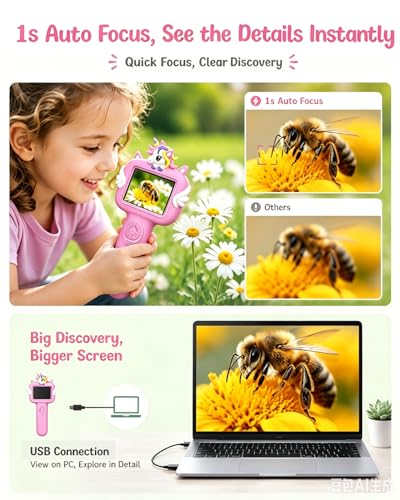 Outdoor Portable Kids Microscope: Handheld Microscope Auto Focus - color: Light Pink