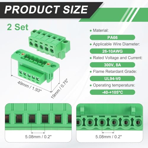 MECCANIXITY 2Set 5-Pin 5.08mm Pitch Pluggable Screw Terminal Block Connectors, PA66 300V 10A Through-Wall PCB Terminal with Panel Solderless Wiring Connectors 26-10AWG for Electronic - style: 5-Pin