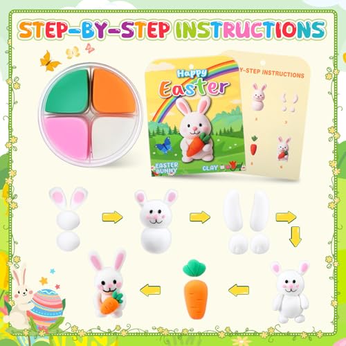 Capoda 6 Sets Easter DIY Craft Kit Easter Air Dry Clay Kit Bunny Eggs DIY Arts and Crafts Modeling Clay Gifts Bulk with Tutorials for Home Party Favors Art Projects Fun Activities Supplies - style: Easter