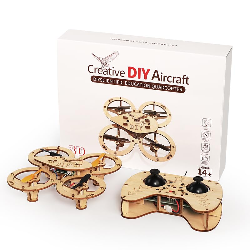 DIY Wooden RC Drone Kit, Quadcopter Assembly Model, 4-Axis Remote Control Mini Drone, STEM Engineering Kit for Teens & Adults