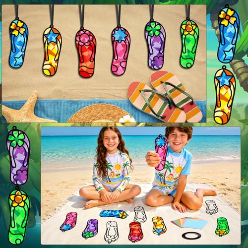 Qyeahkj 36 Set Flip Flops Suncatchers Craft for DIY Summer Tropical Luau Tissue Paper Craft Kit Hawaii Beach Slipper Stained Glass Window Ornaments Decoration for Home Art Project Party Favor Gift - style: Flip Flops
