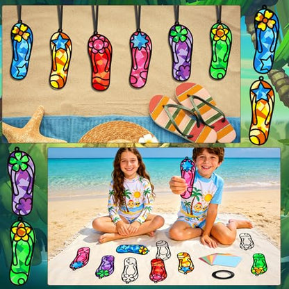 Qyeahkj 36 Set Flip Flops Suncatchers Craft for DIY Summer Tropical Luau Tissue Paper Craft Kit Hawaii Beach Slipper Stained Glass Window Ornaments Decoration for Home Art Project Party Favor Gift - style: Flip Flops