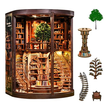 Book Nook Kit for Adult-3D Wooden Puzzles Miniature Library Bookshelf Insert Bookend Decor，Adult Miniature Model with LED Light and Dust Cover, Touch Switch, Adult Craft Kits Gift - style: Wisdom Rings