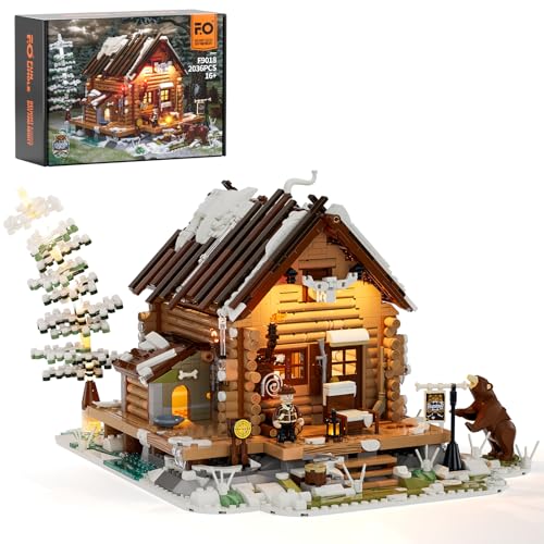 FUNWHOLE Hunting-Cabin Lighting Building-Bricks Set - Retro Wooden Cabin LED Light Construction Building Model Set 2036 Pcs for Adults and Teen