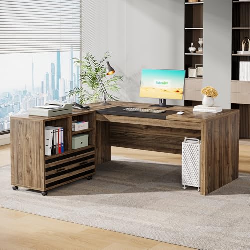 Tribesigns 62.2" L-Shaped Executive Desk with Mobile File Cabinet - color: Light Brown and Black