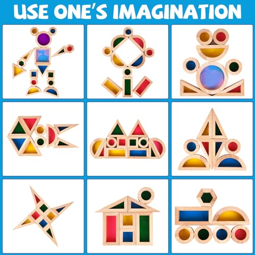 Agirlgle Wooden Rainbow Building Blocks for Kids 32 Pcs Rainbow Stacker Stacking Blocks Game Colorful Construction Toys Preschool Learning Educational Toys -Geometry Wooden Blocks for Boys & Girls