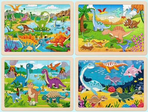 Wooden Puzzles Dinosaur Toys for Kids Ages 4-6, 4 Packs 24 Piece - color: Dinosaur