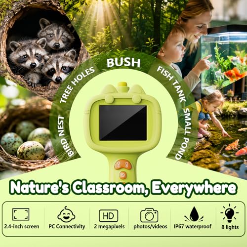 Kids Borescope Camera with Light-STEM Science Educational Toy for 3 4 5 6 7 8 Years Old Boys & Girls Birthday Gift-Discovery & Exploration Flexible Snake Scope Battery - color: Frog