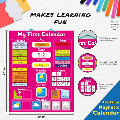 My First Magnetic Pink Calendar for Kids, Rigid Board (40x32 cm) plus Easy Hanging Loop, Days of the Week, Date & Month of the Year, Weather & Seasons, Suitable for learning at Home or in a Classroom - color: Pink