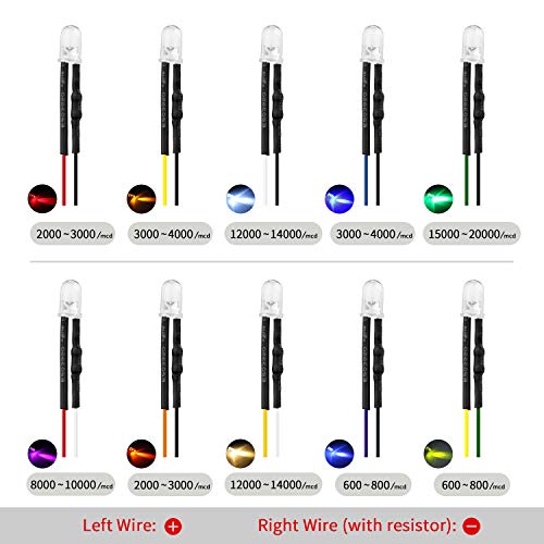 DiCUNO 100Pcs (10 Colors × 10Pcs) 5MM Pre Wired 12V LED Diodes, 9.4" Lead - color: 10 Colors * 10 Pcs