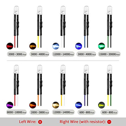 DiCUNO 100Pcs (10 Colors × 10Pcs) 5MM Pre Wired 12V LED Diodes, 9.4" Lead - color: 10 Colors * 10 Pcs