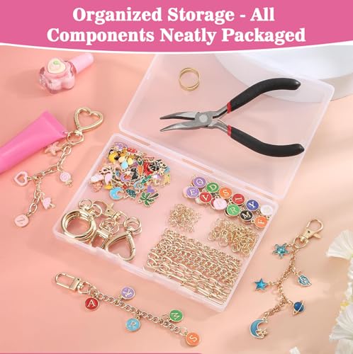 Flewyum 198Pcs Charms Lip Gloss Keychain Making Kit, DIY Craft Supplies with Charms, Key Chain Hooks, Jump Rings, Lobster Clasps, Chains & Tools, Jewelry Making Kit for DIY Craft Gifts.