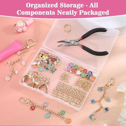 Flewyum 198Pcs Charms Lip Gloss Keychain Making Kit, DIY Craft Supplies with Charms, Key Chain Hooks, Jump Rings, Lobster Clasps, Chains & Tools, Jewelry Making Kit for DIY Craft Gifts.