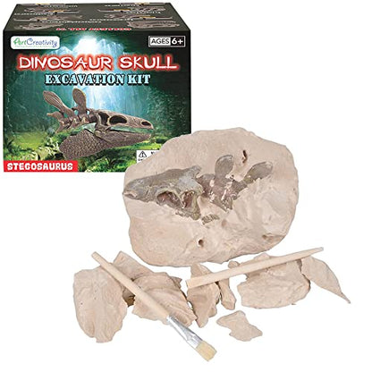 ArtCreativity Dinosaur Excavation Kit for Kids, 5.5” Stegosaurus Skull Excavating Set with Fossil Digging Tools and Stand, Fun Science Activity Toy, Educational Dinosaur Gift for Boys and Girls - style: Stegosaurus