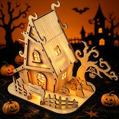 Halloween Witch House 3D Wooden Puzzle Kit - DIY Haunted House Building Model for Adults, Spooky Halloween Decorations, Fun Craft Gift for Teens