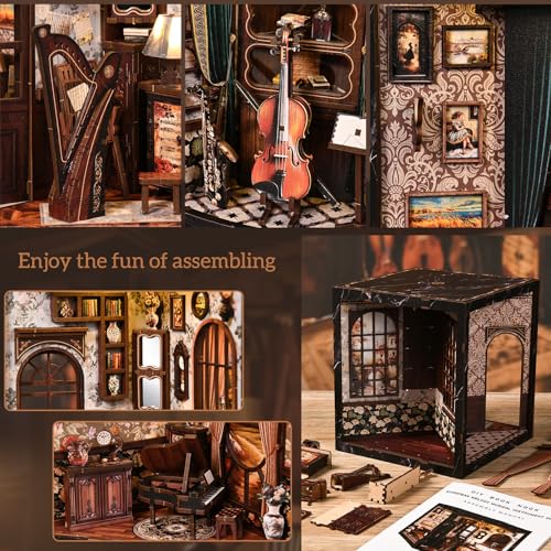 DIY Book Nook Kit with LED Light, Miniature Dollhouse, 3D Wooden Puzzle, Bookshelf Insert Decor Craft Gift (European Melody MusicalInstrument Box) - style: European Melody MusicalInstrument Box