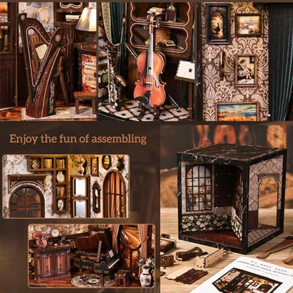 DIY Book Nook Kit with LED Light, Miniature Dollhouse, 3D Wooden Puzzle, Bookshelf Insert Decor Craft Gift (European Melody MusicalInstrument Box) - style: European Melody MusicalInstrument Box