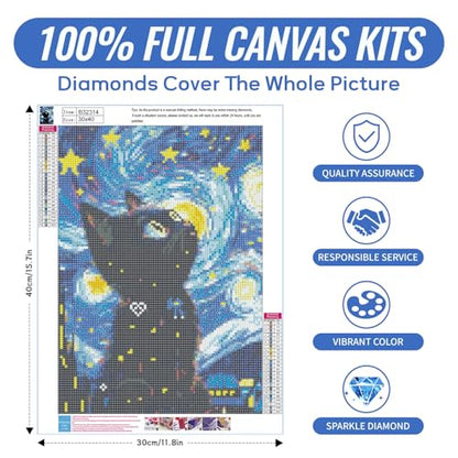 Yunnuo Diamond Art Kits for Adults Cat, DIY Diamond Painting kit 12x16inch - color: D002-black cat 30x40cm