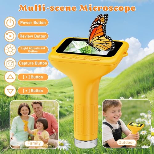 1000X Digital Microscope for Kids, 3" Screen, Handheld Photo Video - color: Warm yellow
