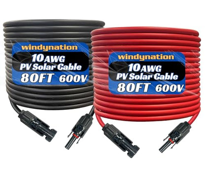 WindyNation 10 Gauge AWG Pair 80 Feet Black + 80 Feet Red PV Photovotaic Solar Panel Extension Cable Wire Solar Connectors - color: 80 Feet Black + 80 Feet Red, size: 10 AWG Solar Cable