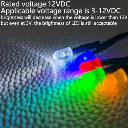 Gebildet 50pcs 5mm Red, Yellow, Green, Blue, White LED Lights, 12VDC Prewired 7.8 Inch V LED Light Diffused Lens - color: Mix color-5mm-12V