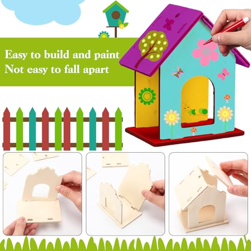 Feifeiya 24 Sets DIY Birdhouse Wind Chime Kit Build and Paint Birdhouses Wooden Arts 24 Unfinished Wooden Bird House 24 Wind Chime 38 Butterfly Sticker 24 Watercolor Arts for Activity(Elegant) - style: Elegant