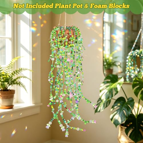 FOGWOWO 2628 Pcs Beaded Plant Kit,Glass Green Beads for Beaded Plants - color: Green C (No Pot & Foam)