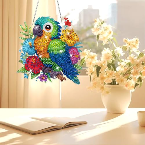 AIRDEA Hanging Diamond Painting Kits Parrot,Special Shaped Diamond Art Kits Bird Gem Art Pendant Decor,19.5x19.22cm - color: green yellow red