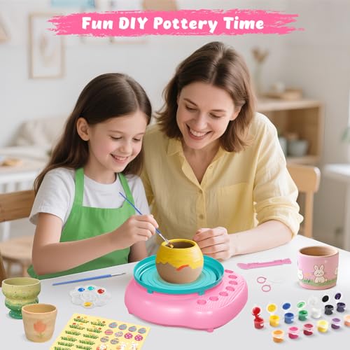 Pottery Wheel for Kids with Air Dry Clay Kit, 12 Paints & Tools, Ages 6-12 - color: pink/cyan