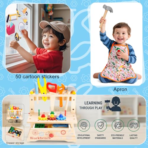 REXBETI Kids Tool Set, Wooden Toddler Tool Bench, Pretend Construction Kit