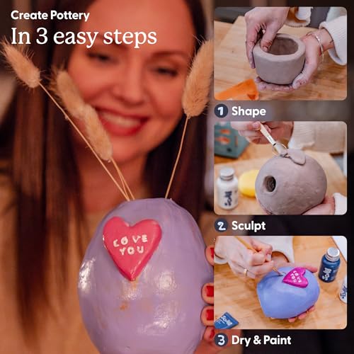 Sculpd Pottery Kit, Air Dry Clay Starter Kit for Beginners with Paint Set, Starter Bundles Includes a Pottery Tool Set, 8 Paints, Waterproof Varnish, Paintbrushes & Step-by-Step Guide for Adults - style: Gloss Varnish with Pastel Tones