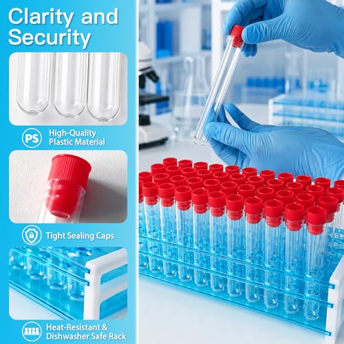 50 Pcs 16 x 100 mm Clear Plastic Test Tubes with Caps and Rack, 12 ml Laboratory Tubes and Holder Set for Science Experiments, Classroom, Nurse Graduation Decor, and Halloween Party Favors