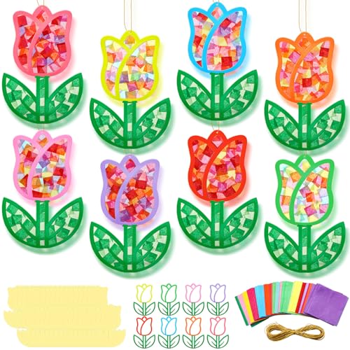 DoubleFill 48 Pcs Tulips Suncatchers Kits DIY Summer Stained Glass Effect Tissue Paper Kits Bulk for Window Decor Ornament Home Art Activities - style: Tulips