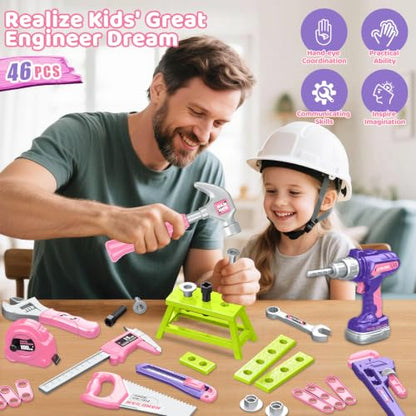 Kids Tool Set with Tool Box Electronic Toy Drill, Toddler Tool Set for Girl - style: Pink
