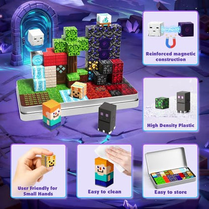 GraceDuck Magnetic Blocks with Iron Box, Obsidian Nether Portal 45 PCS Travel Magnetic Building Blocks, STEM Educational Building Set Construction Toys for Kids Ages 3+, Building Toys - color: 45pcs Iron Boxobsidian Nether Portal