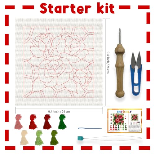 INFUNLY Roses Punch Needle Kit Square 9.4 Inches DIY Embroidery Punch Needle Set for Adults Red Pink Flowers Punches Stitching Starter Kits with Easy to Follow Instructions Festival Gift Home Decor - style: Roses