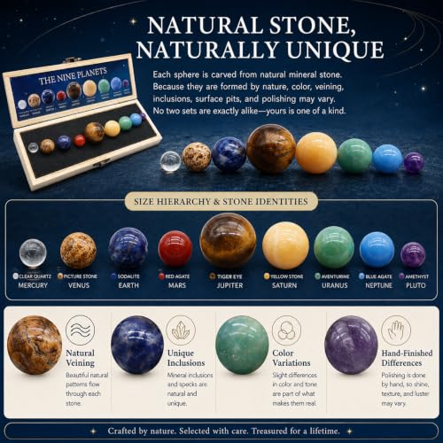 9 Planets Solar System Gemstone Set with Wooden Display Box