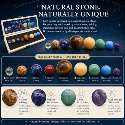 9 Planets Solar System Gemstone Set with Wooden Display Box