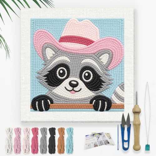Doodlream Pink Hat Raccoon Needle Kit for Beginner, 9.4"x 9.4" Cute Animal Punch Stitching Craft Set, Color DIY Embroidery Starter with Printed Frame, Instruction, Threader, Yarn, Pinch Needle - color: Raccoon