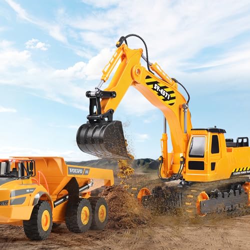 DOUBLE E Remote Control Excavator Toy, 2*Batteries 2.4GHz RC Excavator, 6-in-1 Digging/360° Rotation, 20M Range Sandbox Construction Toys Birthday Gift for Boys/Kids 6+ Years - color: Yellow