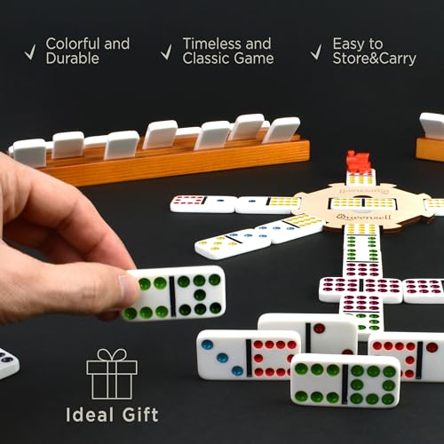 Queensell Mexican Train Dominoes Set with Wooden Hub, Domino Tile Board Games - Double 12 Dominos Set for Family Game Night for Adults and Kids Ages 8 and up (Double 12) - size: Double 12