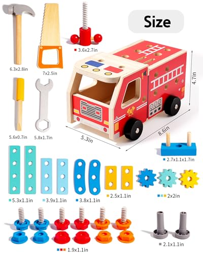 33-Piece Wooden Tool Set for Toddlers, Fire Truck Toolbox & Workbench Montessori Toys for 3-6 Year Olds, STEM Educational Pretend Play Tools, Construction Learning Gift for Boys Girls