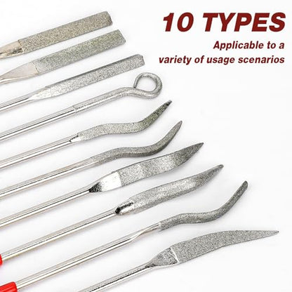 KALIONE 10Pcs Small File Set Diamond Needle File Set, Curved Files Tool, Mini Metal File Diamond File, Miniature and Model Files, File Jewelry Stone Carving Tools(140mm/5.5inch)