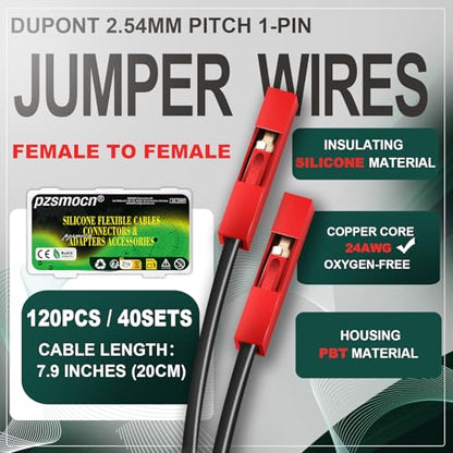 40 Sets / 120 Pcs for Dupont 2.54mm 1-Pin Connector Kit 24AWG 20cm - size: 1-Pin Female to Female, style: Red with Cable