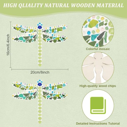 WEBEEDY Make 2 Dragonfly Glass Mosaic Kit DIY Craft Glass Kit for Adults Include Mosaic Tiles, Wooden Chips, Ribbon for Christmas Holiday Unique Decor Gift