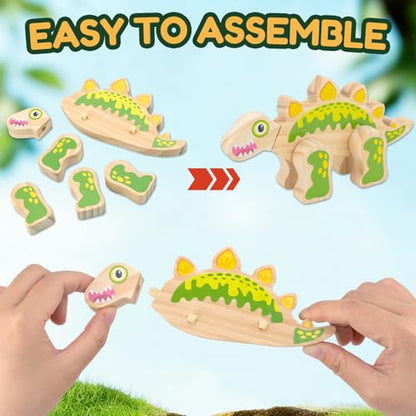 Coloring Wooden Dinosaur, DIY Building Toy with Paint and Stickers